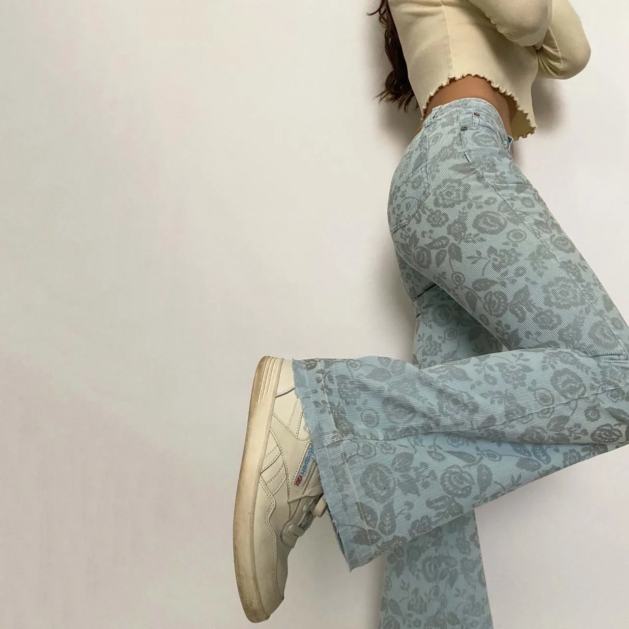 baby blue floral corduroys - size 24/xs