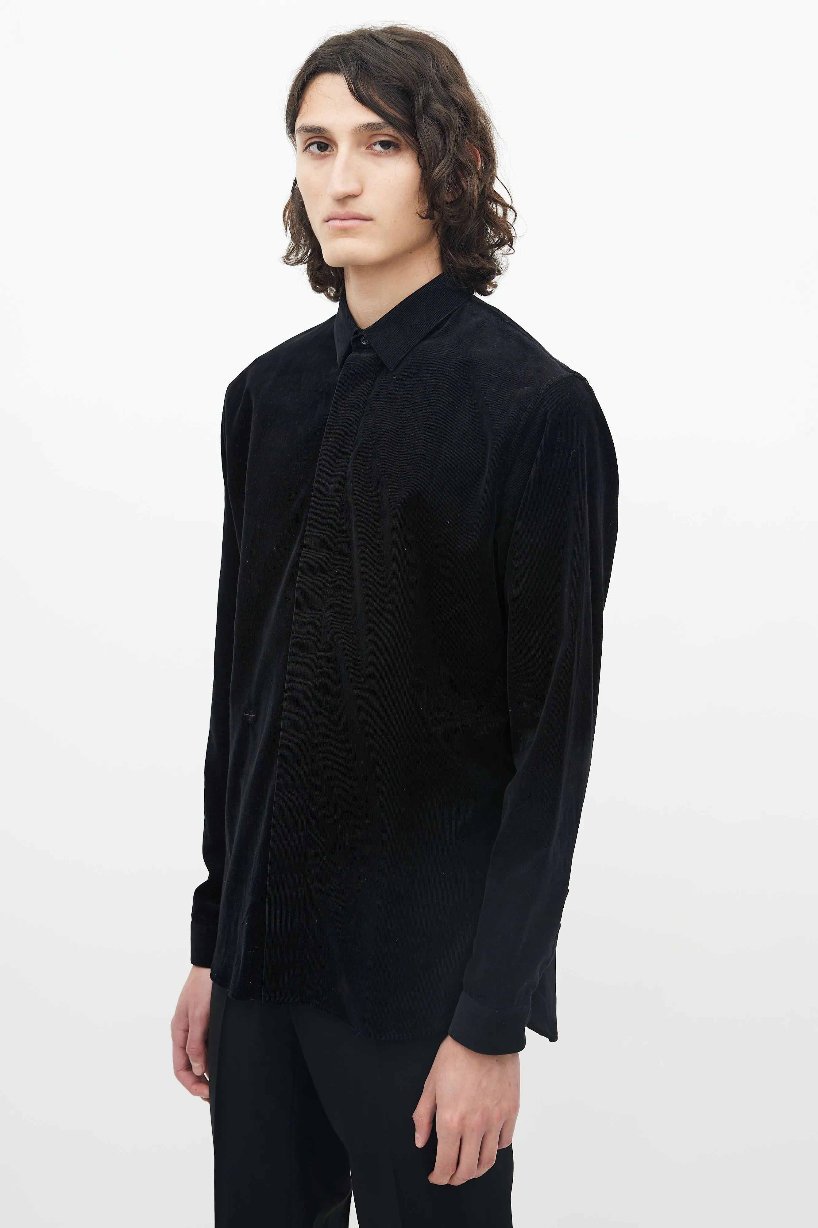 Black Micro Corduroy Button Up Shirt
