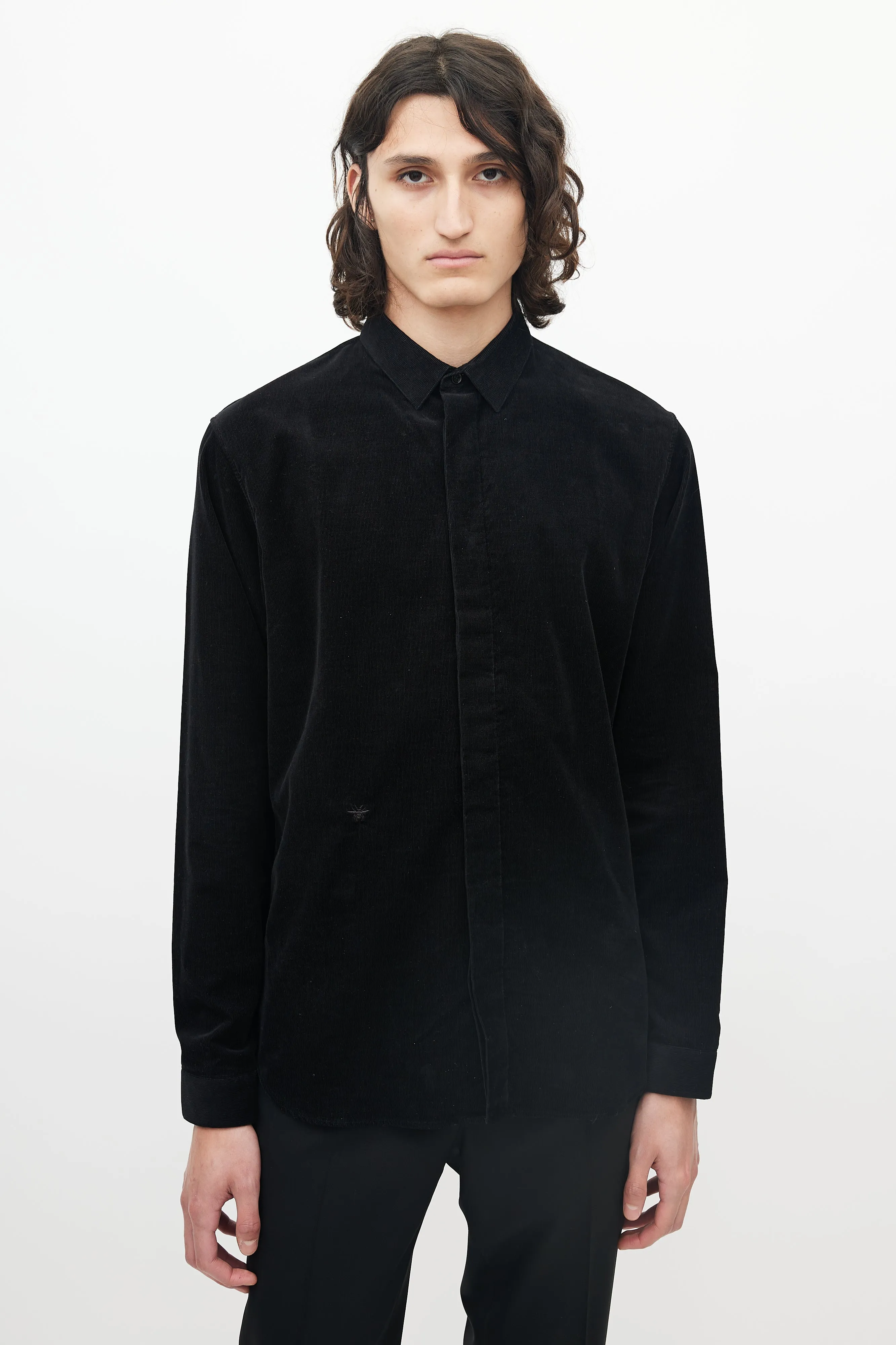 Black Micro Corduroy Button Up Shirt