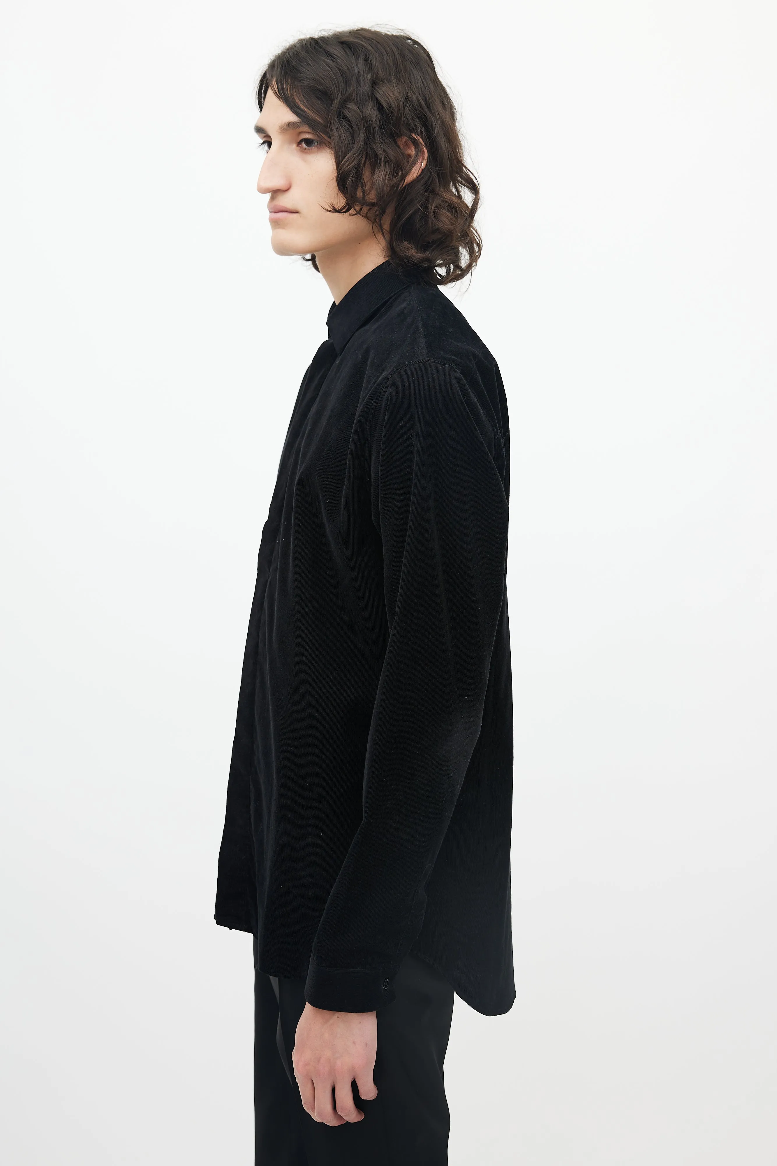 Black Micro Corduroy Button Up Shirt