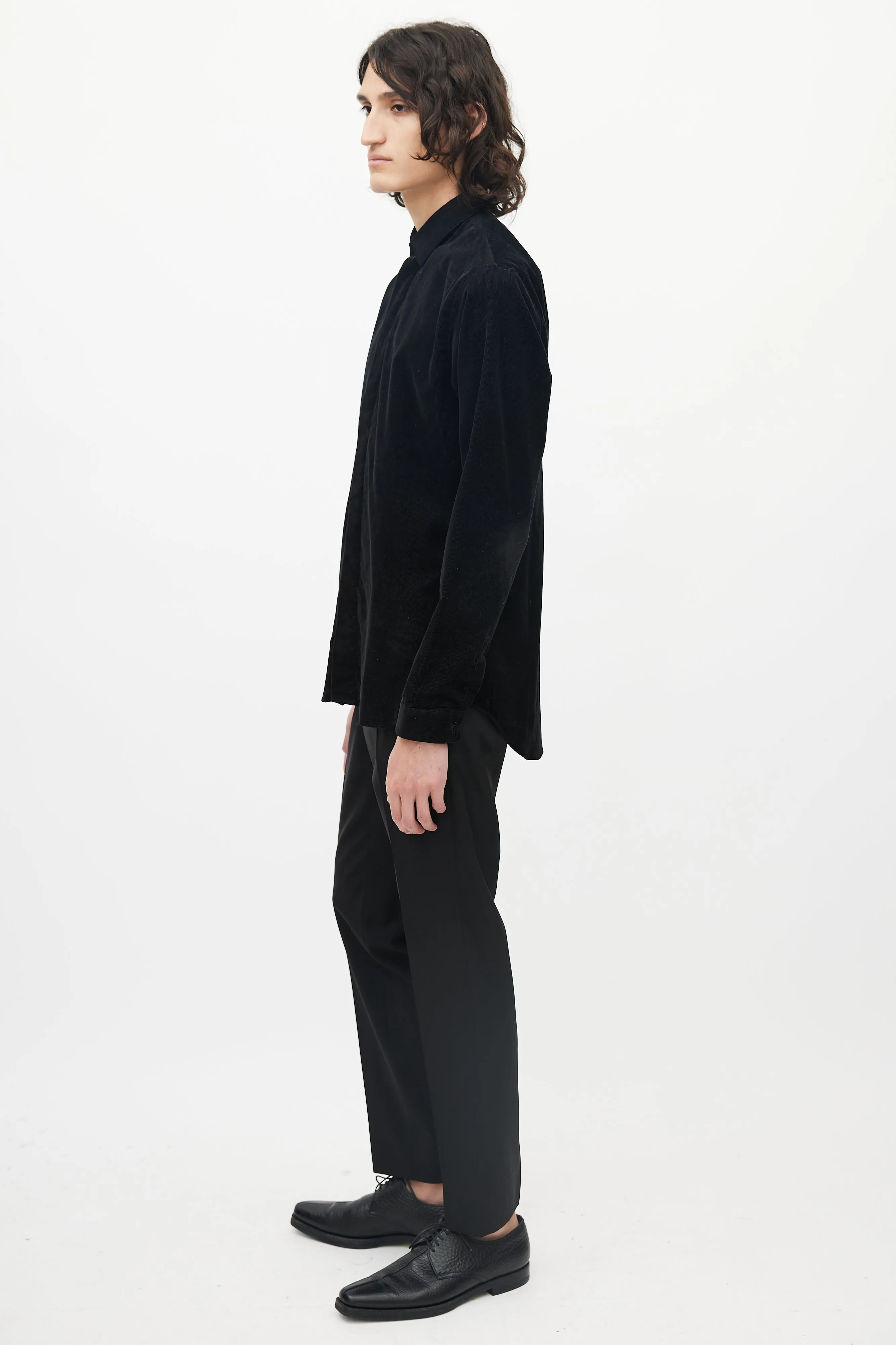 Black Micro Corduroy Button Up Shirt