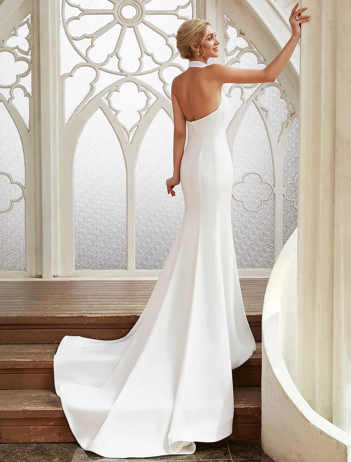Bridal Shower Casual Open Back Wedding Dresses Court Train Sheath / Column Regular Straps Halter Satin