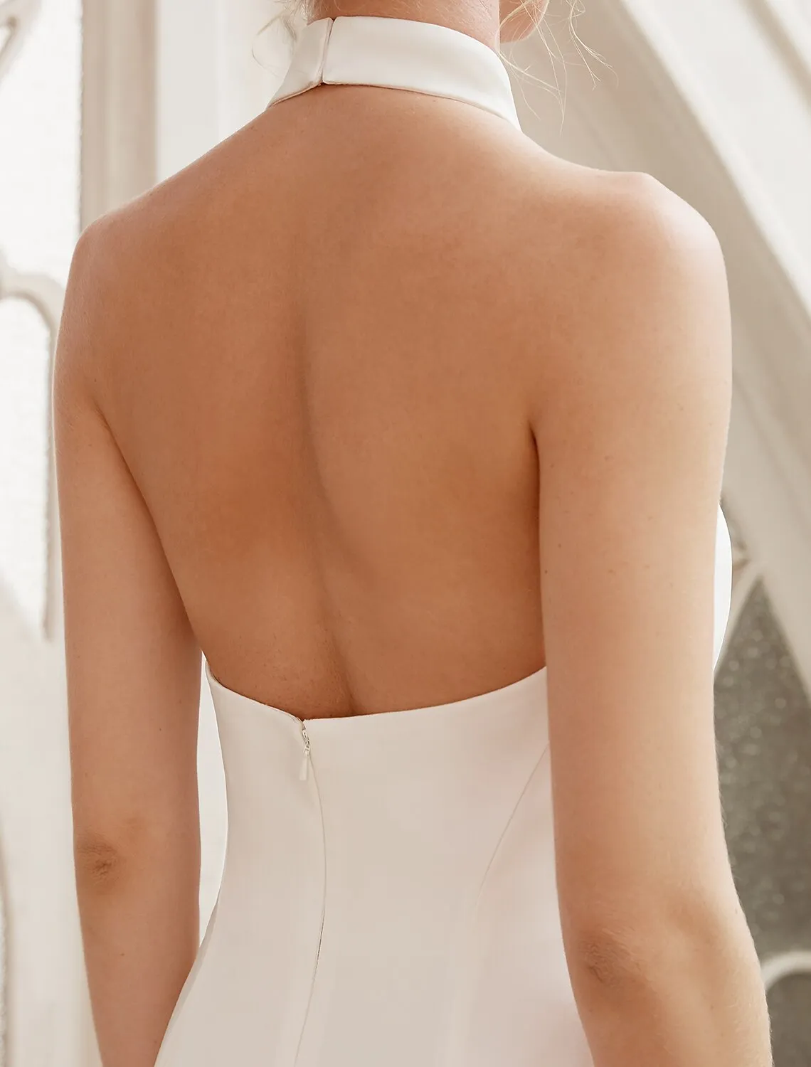 Bridal Shower Casual Open Back Wedding Dresses Court Train Sheath / Column Regular Straps Halter Satin