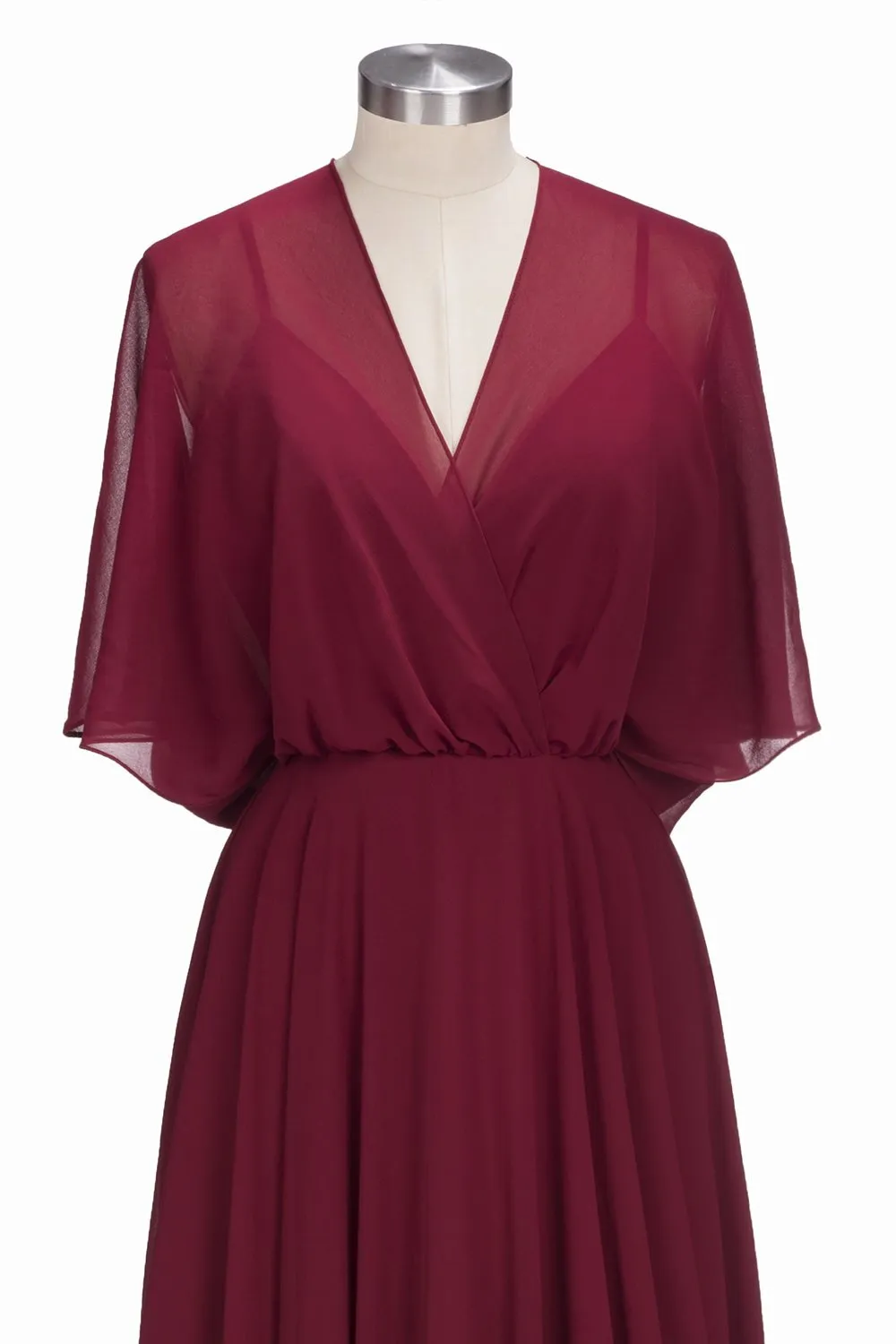 Casual A-line Burgundy Flare Sleeves Long Bridesmaid Dress