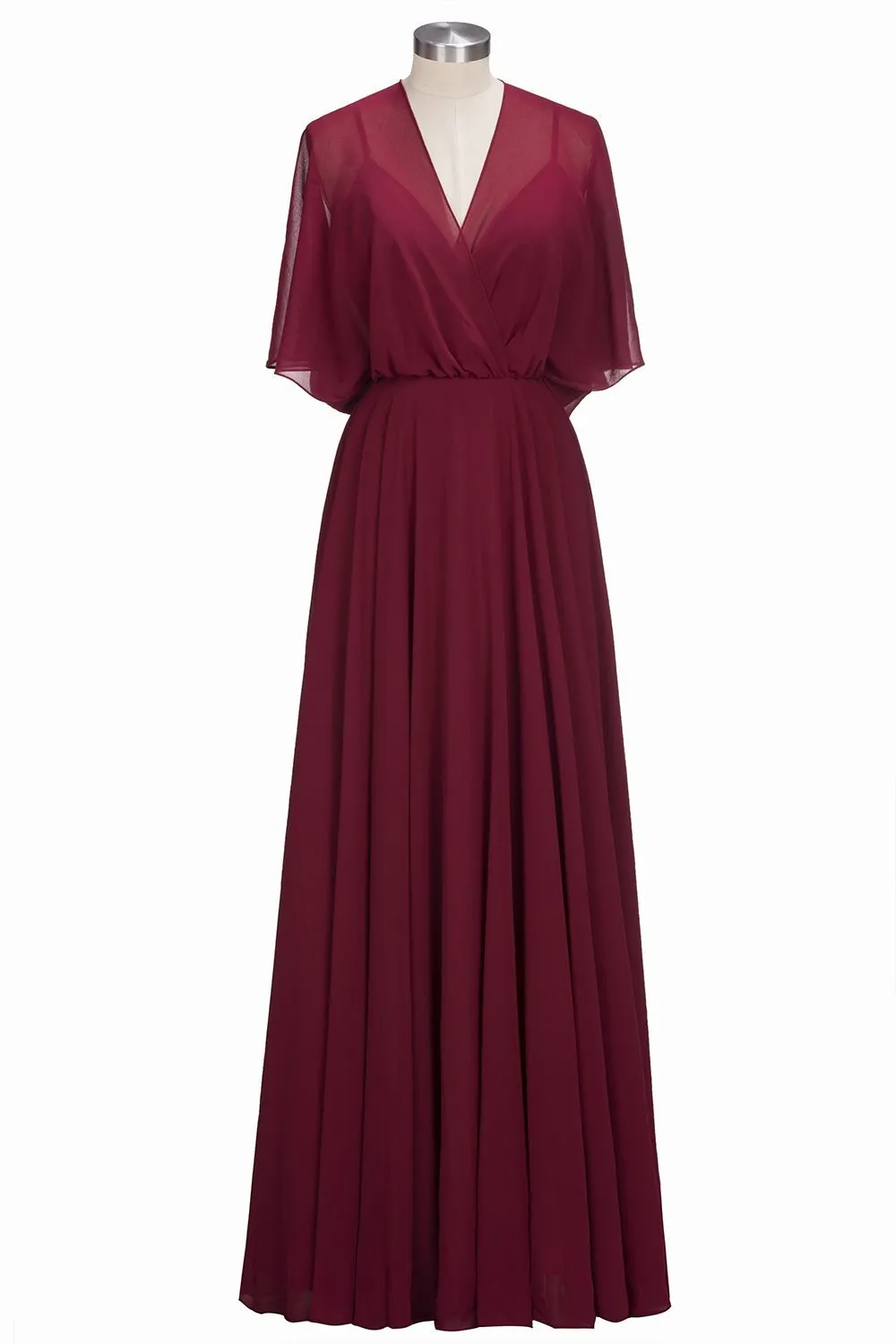 Casual A-line Burgundy Flare Sleeves Long Bridesmaid Dress