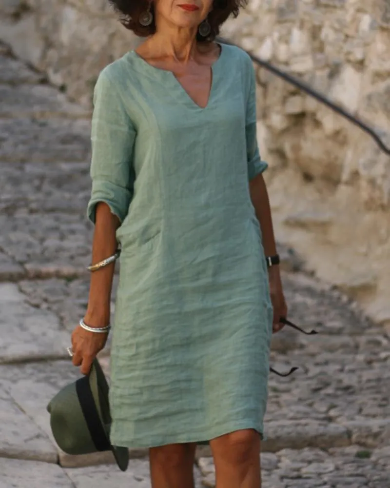 Casual Solid Tunic V-Neckline Shift Dress