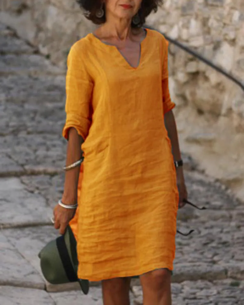 Casual Solid Tunic V-Neckline Shift Dress