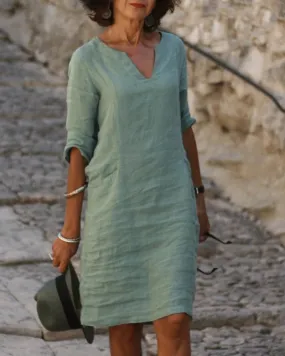 Casual Solid Tunic V-Neckline Shift Dress