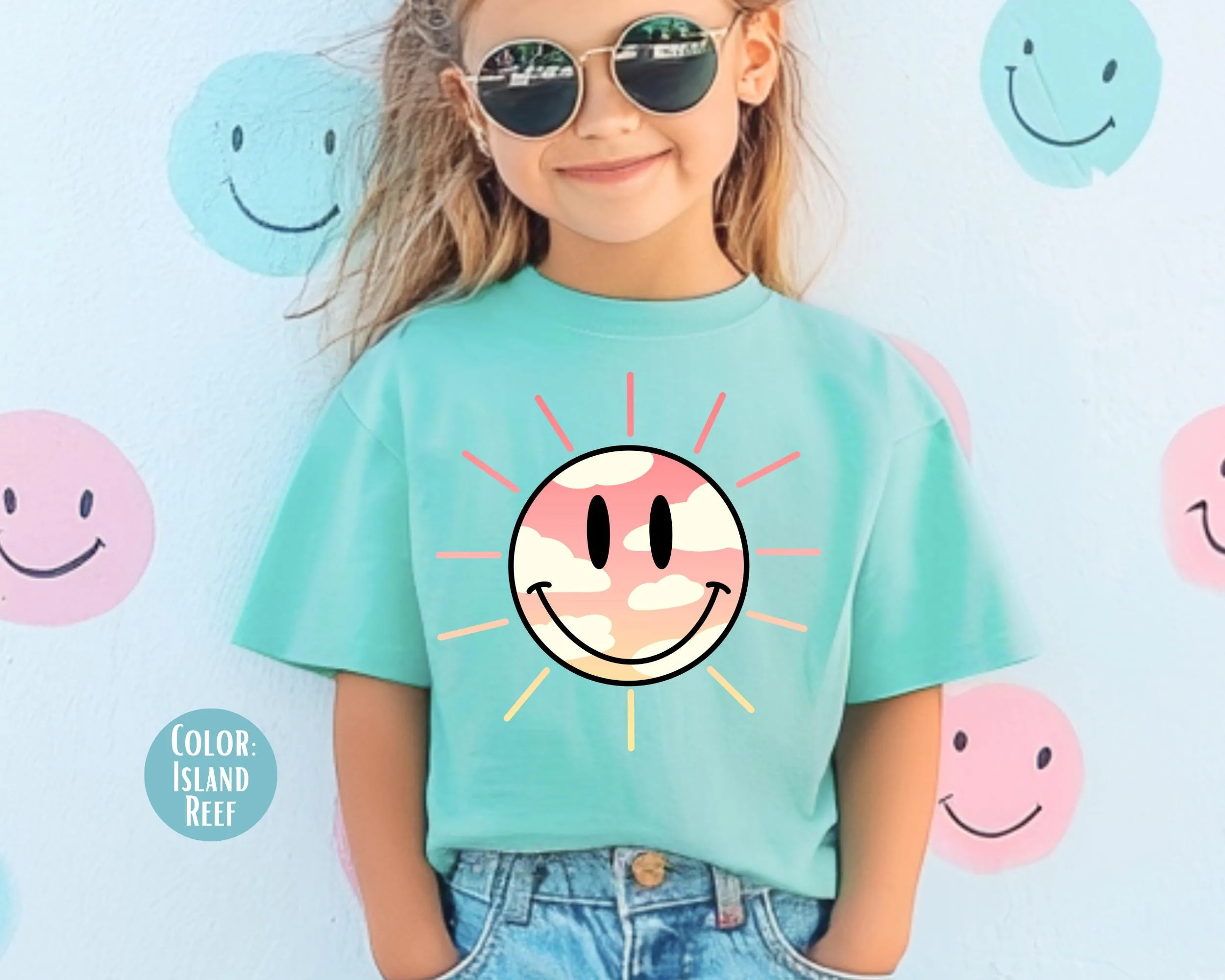 Comfort Colors® Sun Smiley Face Tee, Cute Girly Summer Shirts, Girls Summer Shirt, Matching Summer Time Shirts