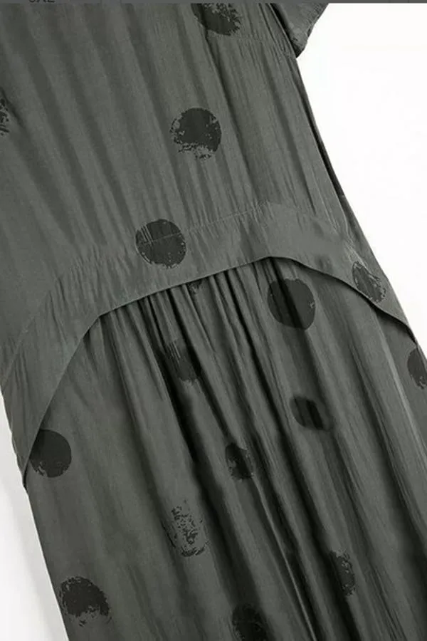 Dunnmall Polka Dots Print Paneled Pleated Casual Midi Dress