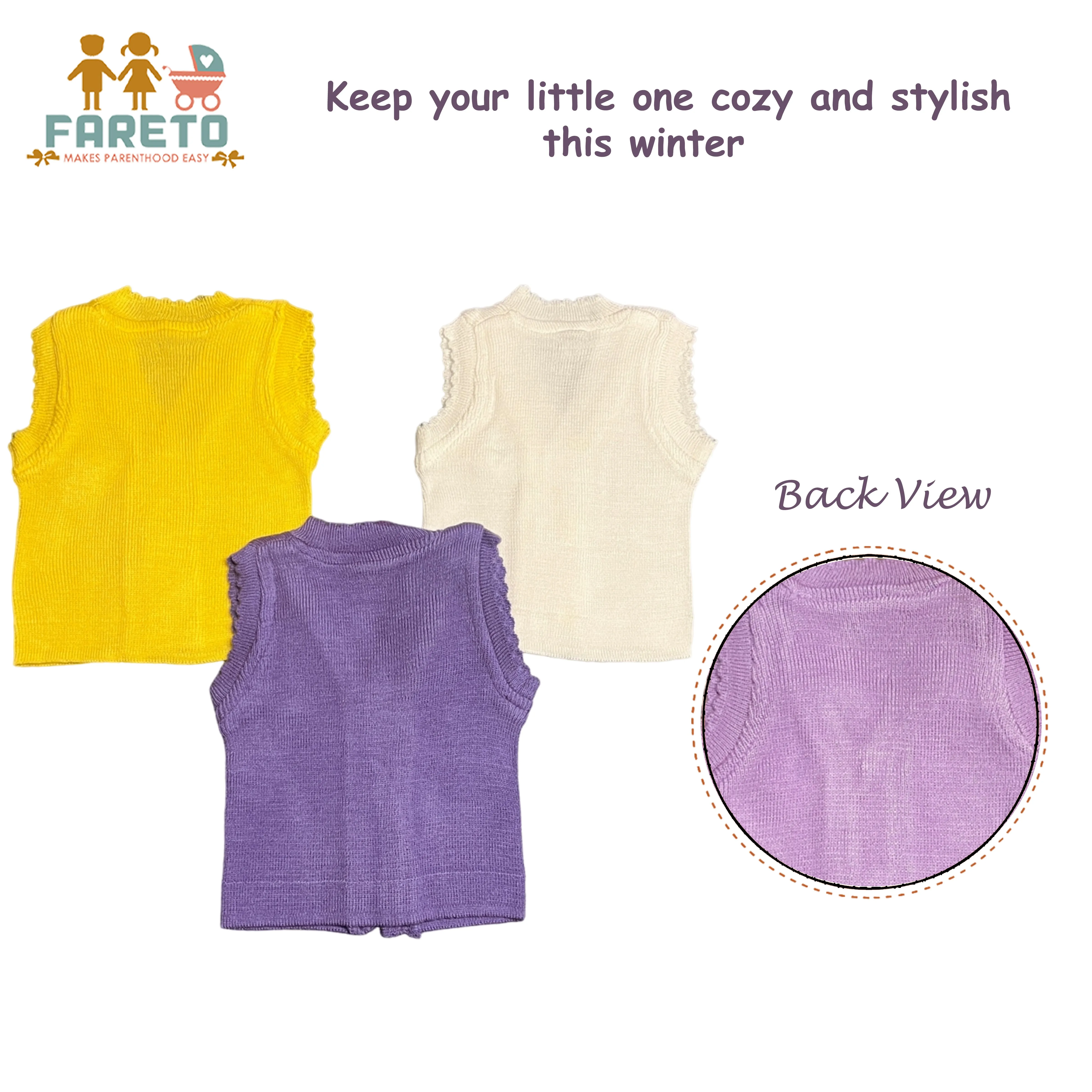 Fareto New Born Baby Winter Sleeveless Sweater | Inner wear Sweater (0-2M)(Pack of 3)(Note: Colours & Designs May Vary)