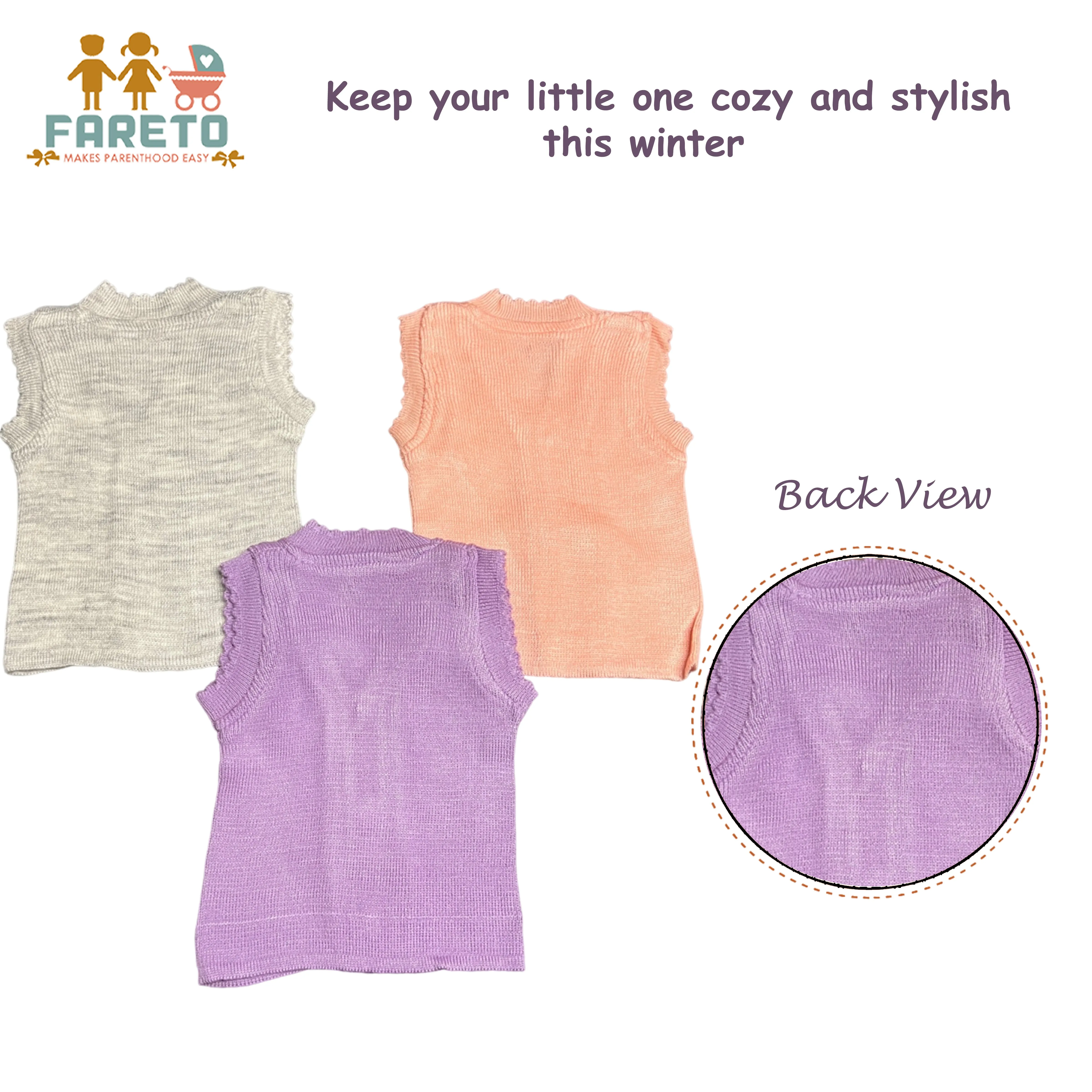 Fareto New Born Baby Winter Sleeveless Sweater | Inner wear Sweater (0-2M)(Pack of 3)(Note: Colours &amp; Designs May Vary)