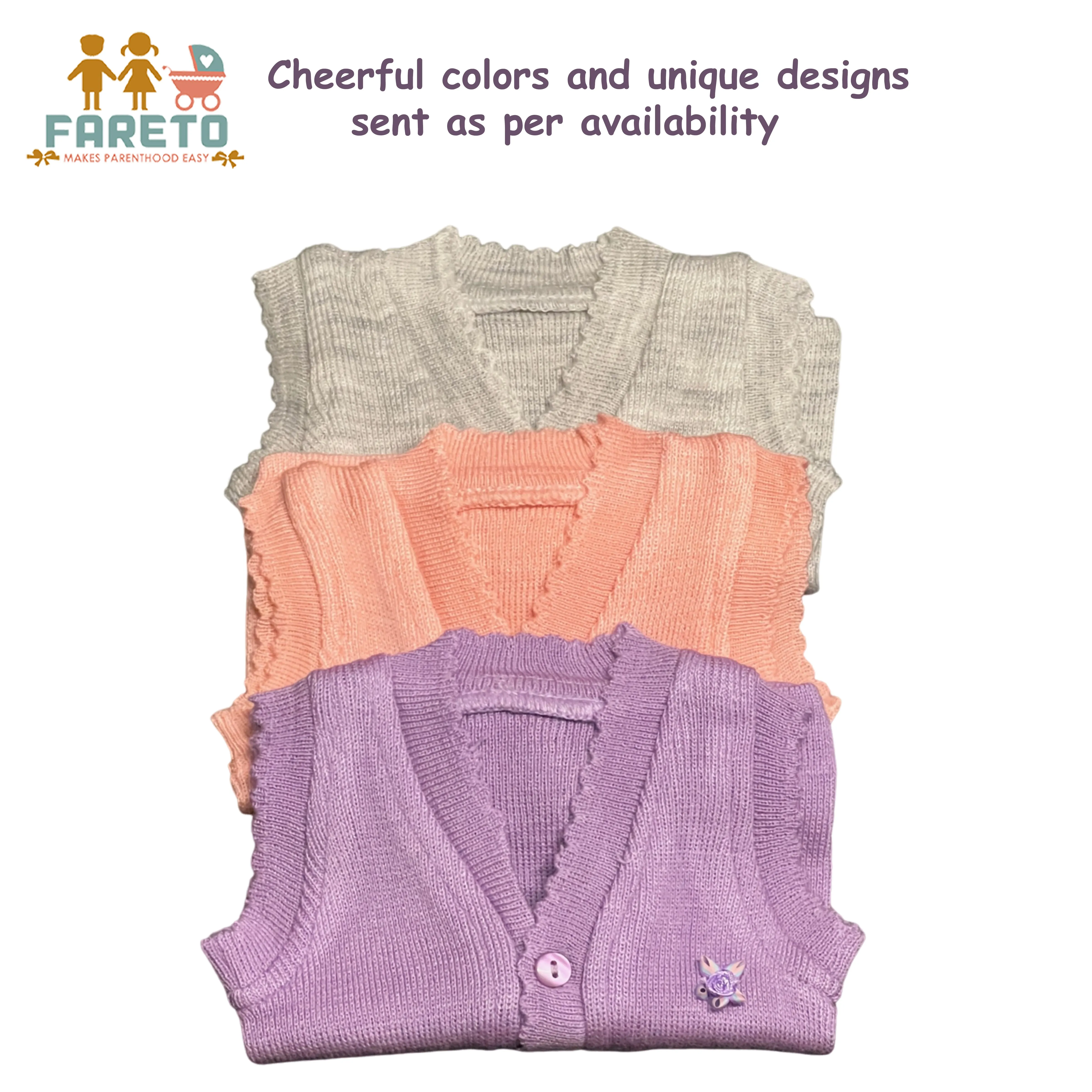 Fareto New Born Baby Winter Sleeveless Sweater | Inner wear Sweater (0-2M)(Pack of 3)(Note: Colours &amp; Designs May Vary)