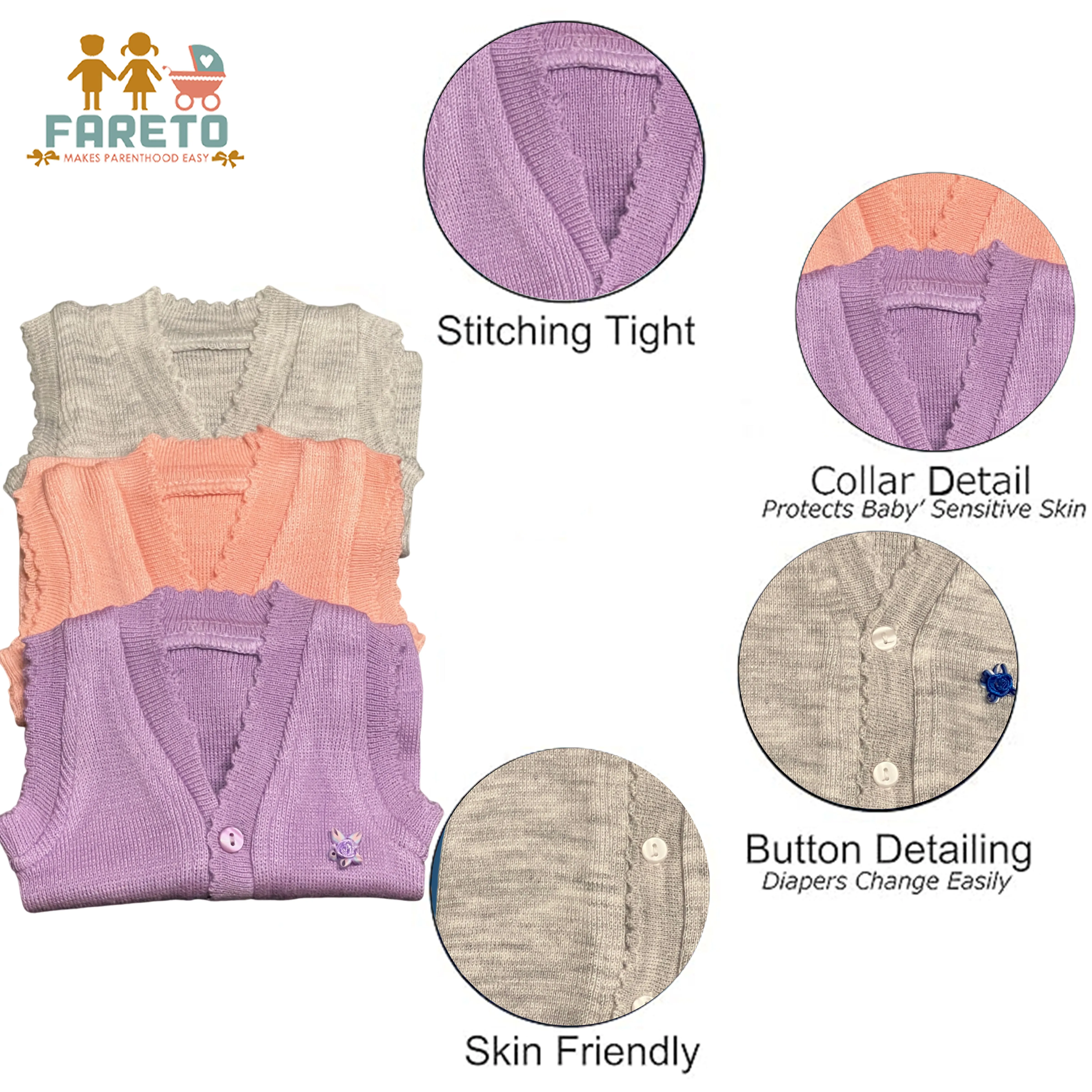 Fareto New Born Baby Winter Sleeveless Sweater | Inner wear Sweater (0-2M)(Pack of 3)(Note: Colours &amp; Designs May Vary)