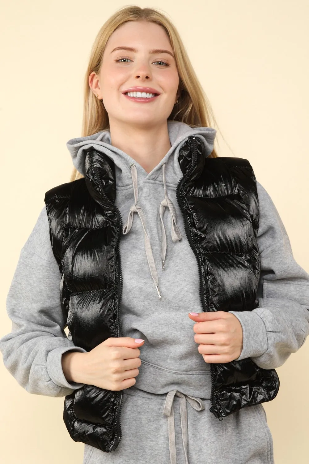 J Shiny Metallic Zip Up Puffer Vest
