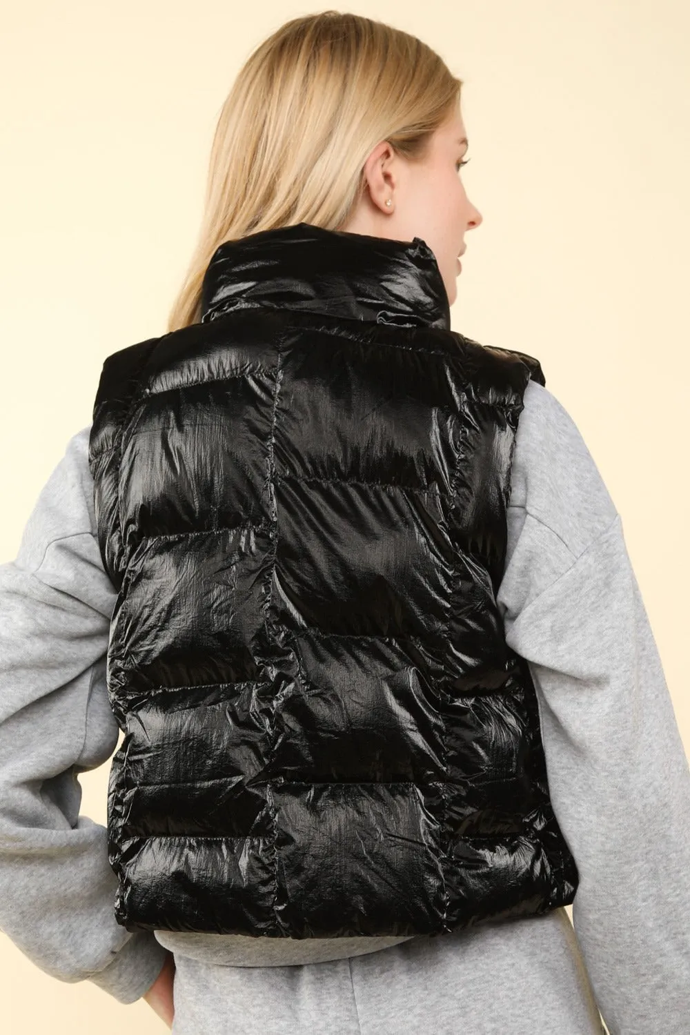 J Shiny Metallic Zip Up Puffer Vest