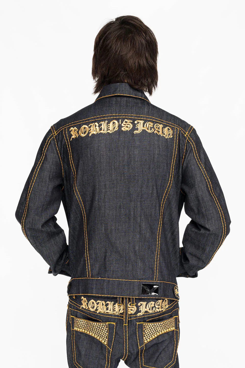 ROBINS RAW DENIM COLLECTION MENS JACKET IN RAW INDIGO DENIM WITH AURUM  CRYSTAL AND STUDS