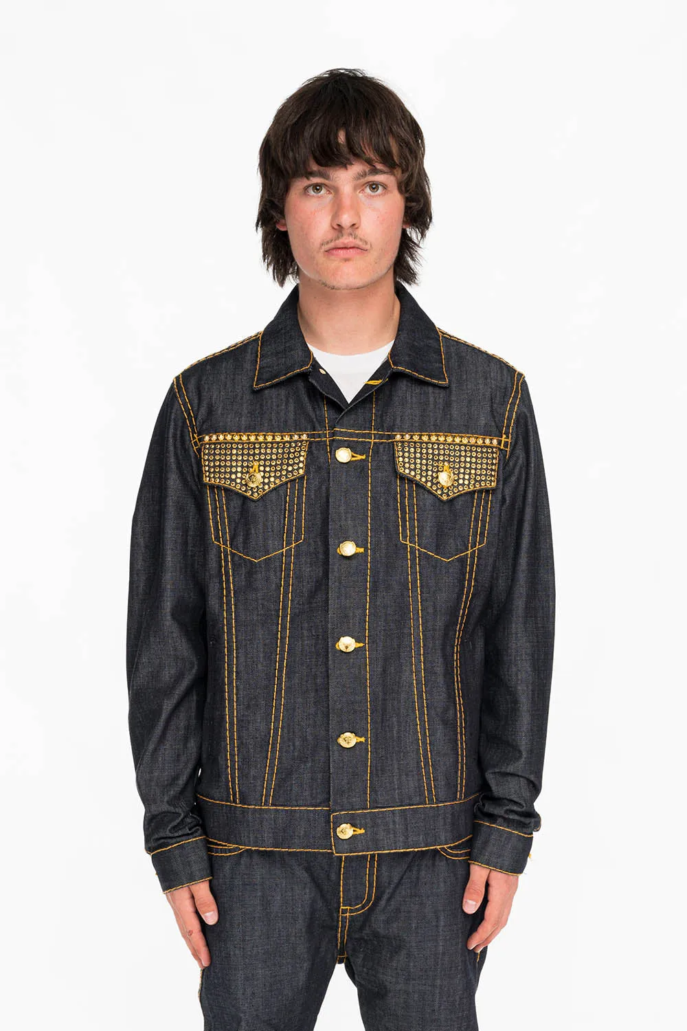 ROBINS RAW DENIM COLLECTION MENS JACKET IN RAW INDIGO DENIM WITH AURUM  CRYSTAL AND STUDS