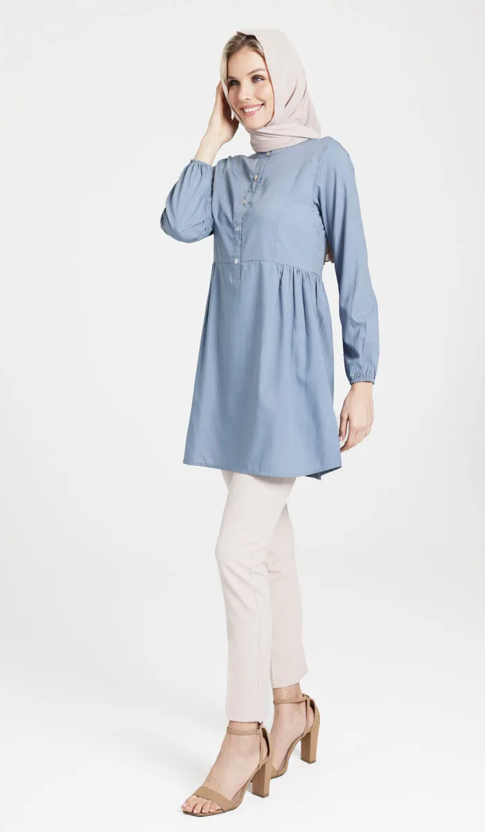 Sabra Cotton Feel Modest Button down Tunic - Dusty Blue