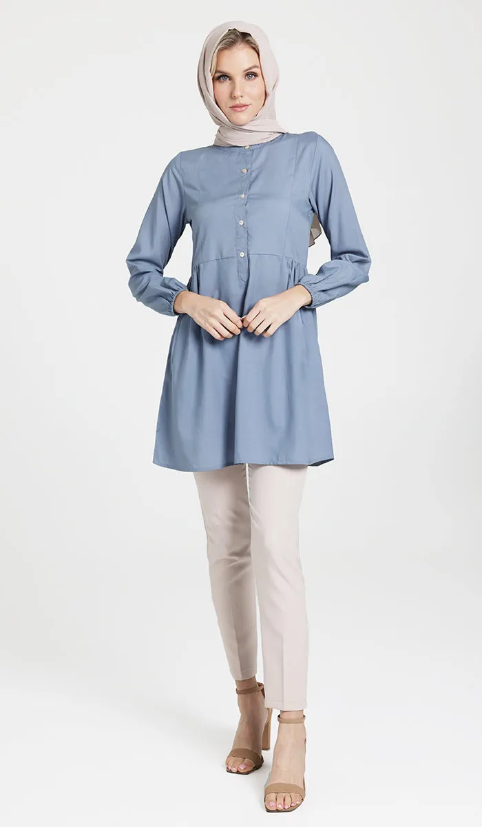 Sabra Cotton Feel Modest Button down Tunic - Dusty Blue