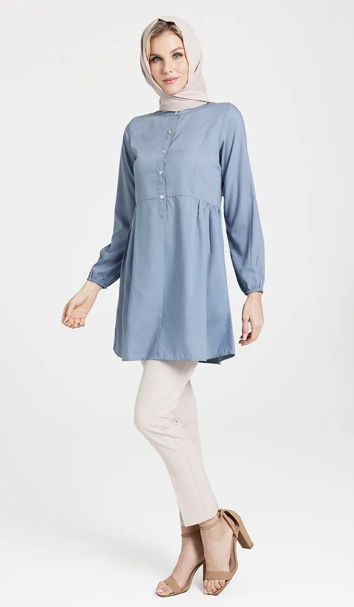 Sabra Cotton Feel Modest Button down Tunic - Dusty Blue