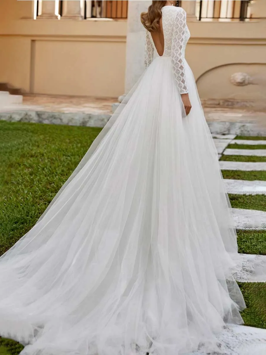 Winter A Line Wedding Dress With Long Lace Sleeves